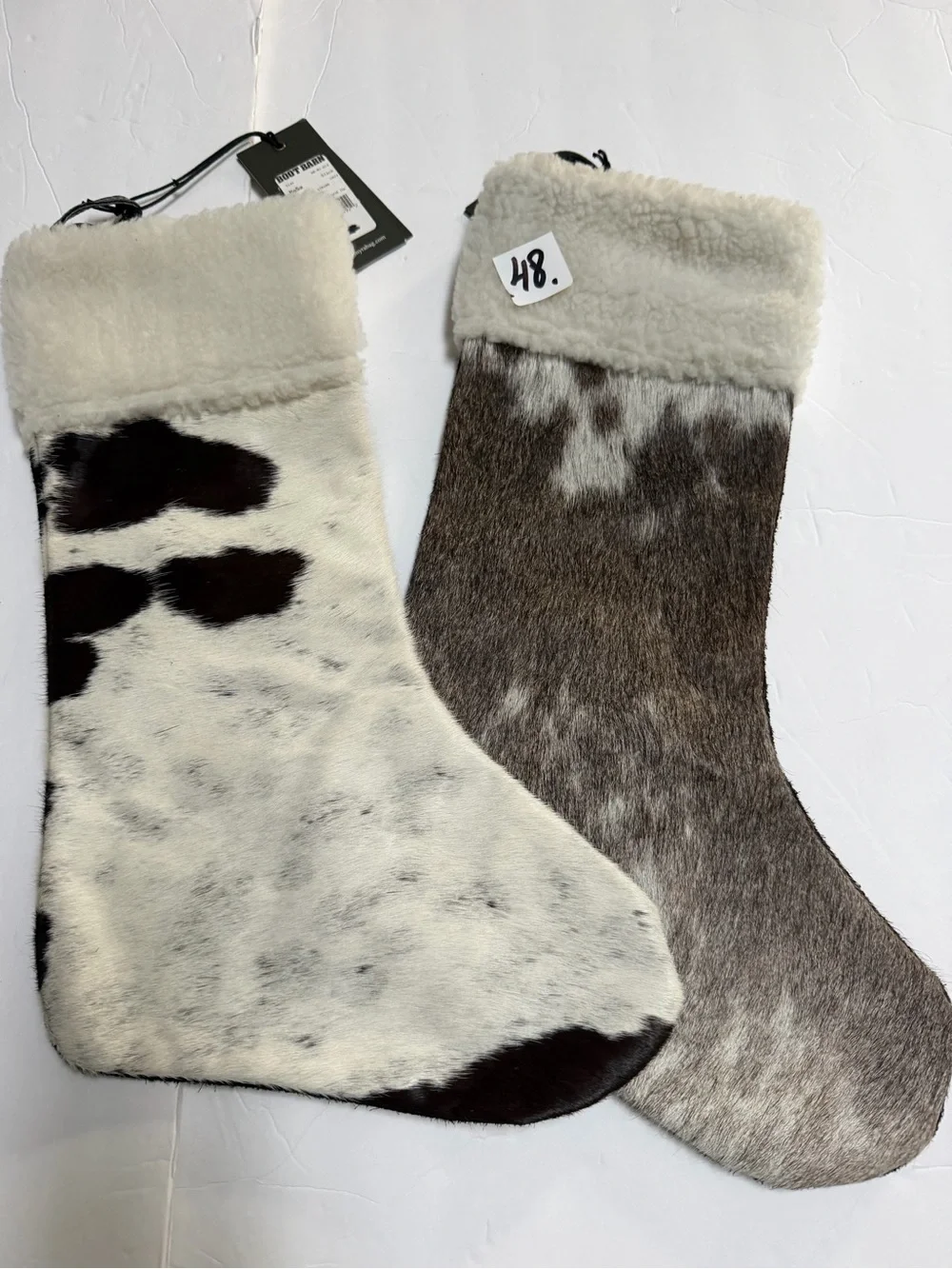 Pair Cowhide Fur Christmas Stockings - Neutral Brown & White